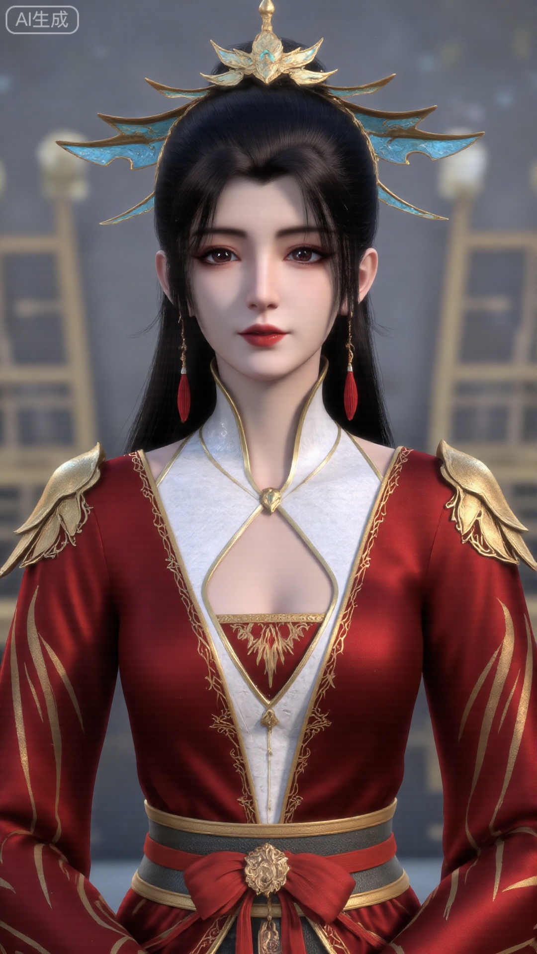 1girl, red dress, solo, hair ornament, black hair, chinese clothes, earrings, dress, jewelry, long sleeves, long hair, mischevious smile, perfect body, scenery, sharp focus, best quality, masterpiece, detailed outfit, illustration, perfect eyes, finely detailed beautiful anime eyes, realistic skin, intricate details, best lighting, depth of field, ultra high resolution,cowboy_shot