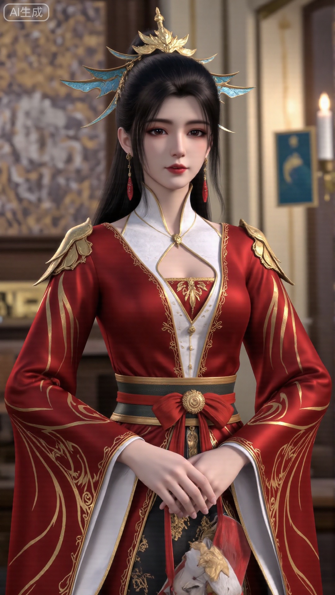 1girl, red dress, solo, hair ornament, black hair, chinese clothes, earrings, dress, jewelry, long sleeves, long hair, mischevious smile, perfect body, scenery, sharp focus, best quality, masterpiece, detailed outfit, illustration, perfect eyes, finely detailed beautiful anime eyes, realistic skin, intricate details, best lighting, depth of field, ultra high resolution,sitting