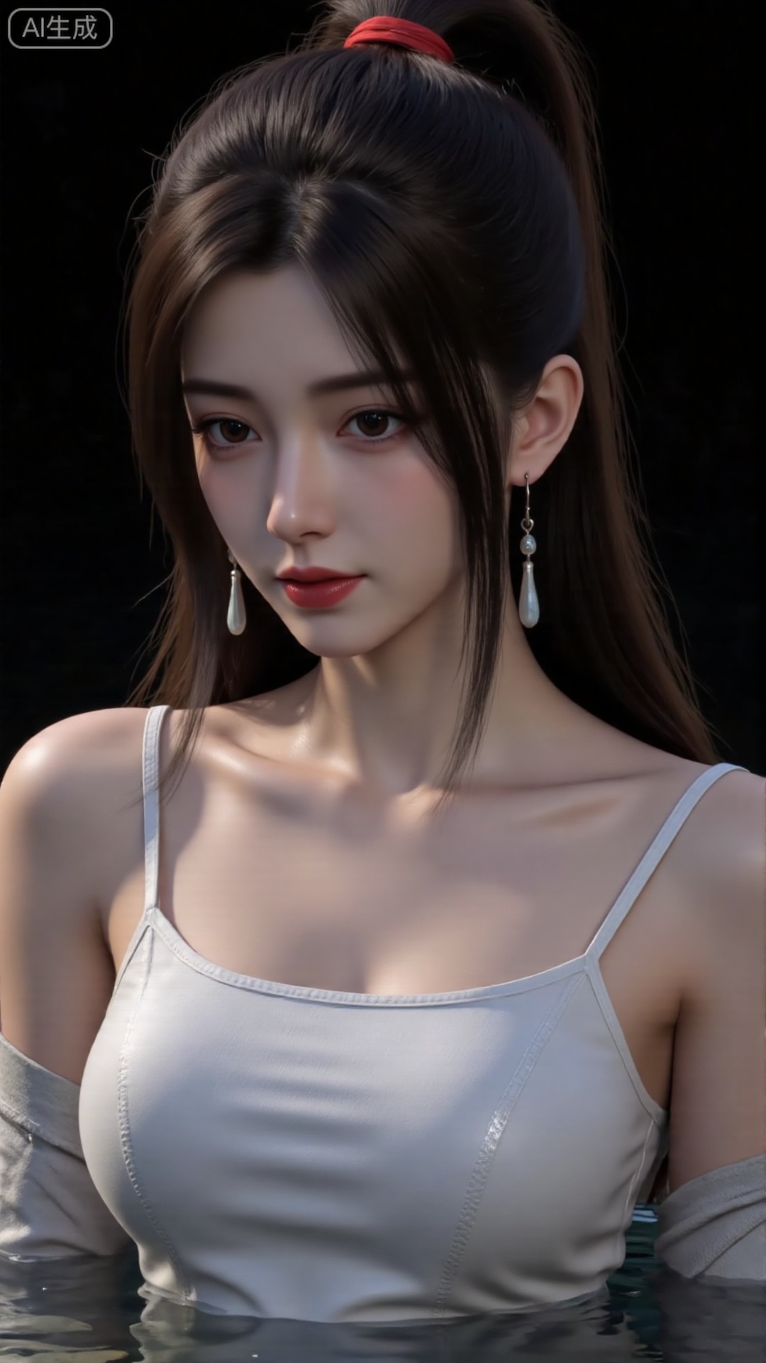 1girl, solo, long hair, red lips,looking at viewer, upper body, glowing hair,hair ornament,white sling shirt,bare shoulders,in water,hair bun,ribbon,earrings,black background,light,dark background