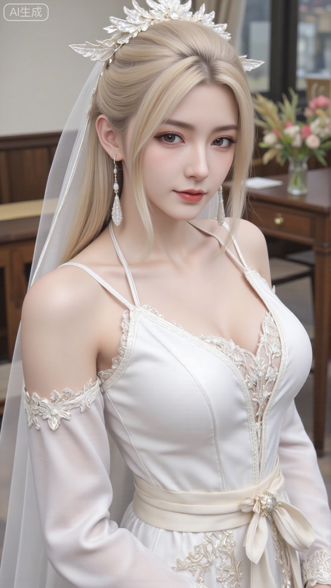 1girl, white wedding dress,looking at viewer, mischevious smile, perfect body, scenery, sharp focus, best quality, masterpiece, detailed outfit, illustration, perfect eyes, finely detailed beautiful anime eyes, realistic skin, intricate details, best lighting, depth of field, ultra high resolution, cowboy_shot, bride