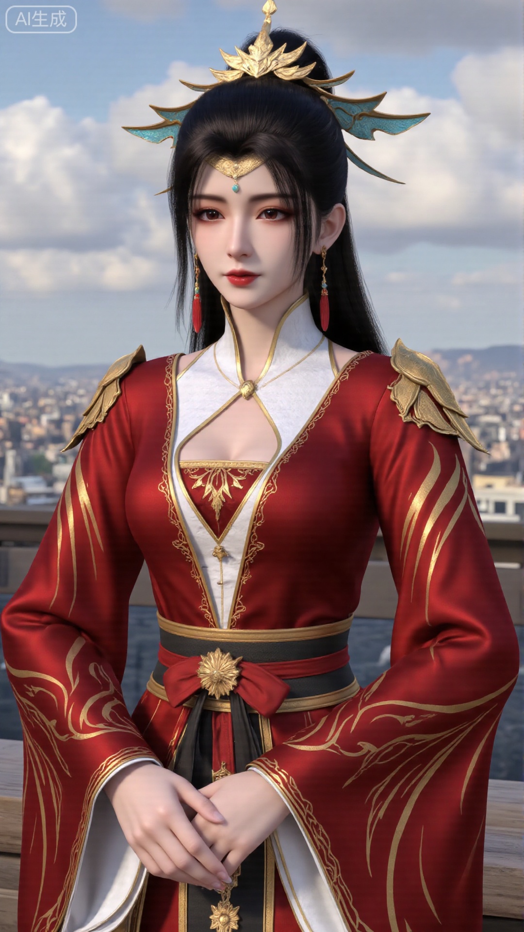 1girl, red dress, solo, hair ornament, black hair, chinese clothes, earrings, dress, jewelry, long sleeves, long hair, mischevious smile, perfect body, scenery, sharp focus, best quality, masterpiece, detailed outfit, illustration, perfect eyes, finely detailed beautiful anime eyes, realistic skin, intricate details, best lighting, depth of field, ultra high resolution,sitting