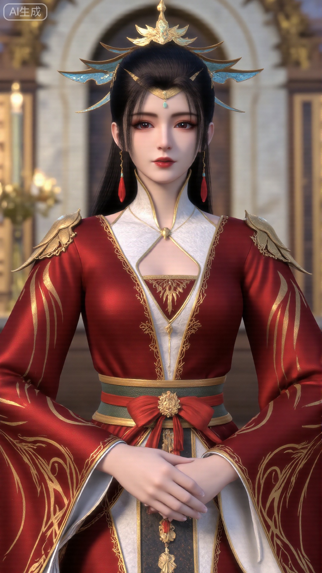 1girl, red dress, solo, hair ornament, black hair, chinese clothes, earrings, dress, jewelry, long sleeves, long hair, mischevious smile, perfect body, scenery, sharp focus, best quality, masterpiece, detailed outfit, illustration, perfect eyes, finely detailed beautiful anime eyes, realistic skin, intricate details, best lighting, depth of field, ultra high resolution,sitting