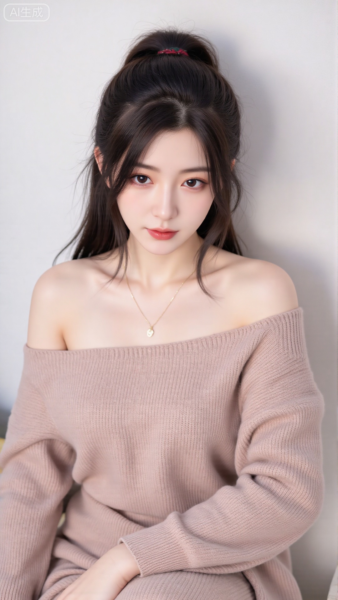 1girl, solo, long hair, looking at viewer, smile, sitting, collarbone, off shoulder, sweater, messy hair, realistic