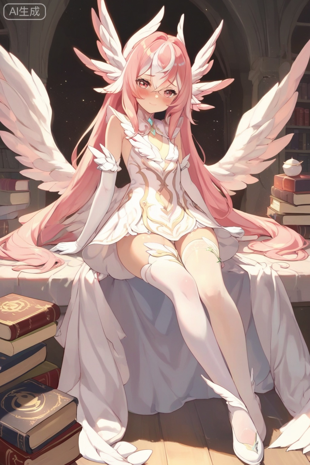 score_9,score_8_up,score_7_up,1girl,solo,long hair,breasts,looking at viewer,blush,gloves,dress,hair between eyes,pink hair,white hair,multicolored hair,small breasts,wings,sleeveless,elbow gloves,white gloves,white dress,clothing cutout,head wings,white wings,thighhighs,very long hair,book,feet,toes,soles,white footwear,book stack