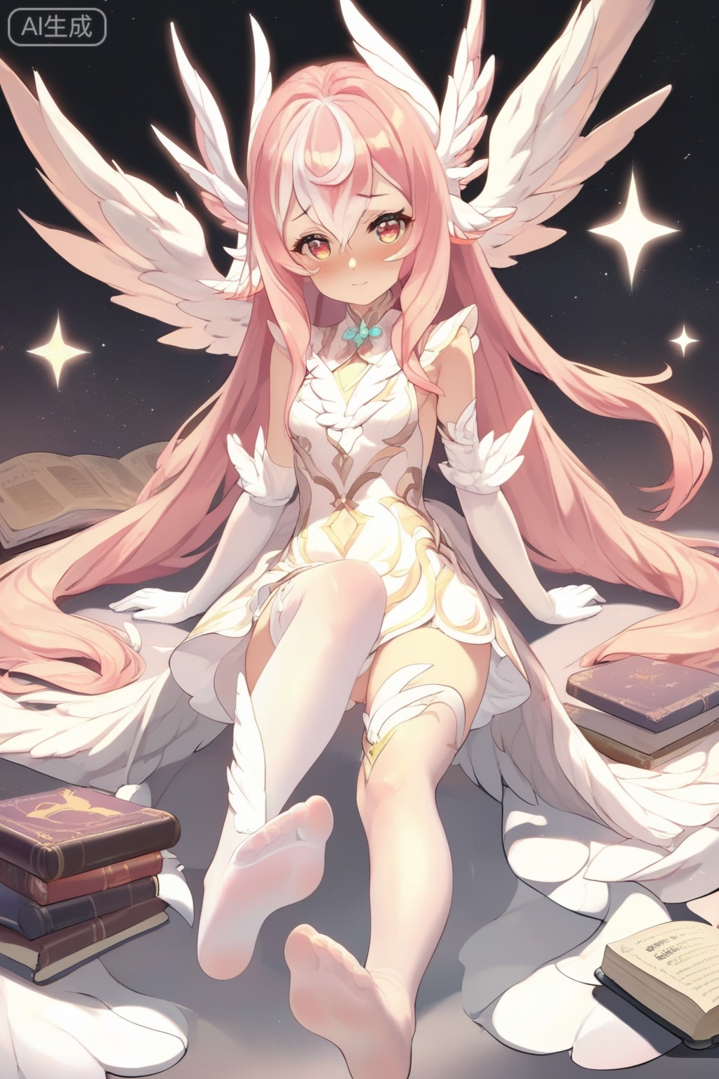 score_9,score_8_up,score_7_up,1girl,solo,long hair,breasts,looking at viewer,blush,gloves,dress,hair between eyes,pink hair,white hair,multicolored hair,small breasts,wings,sleeveless,elbow gloves,white gloves,white dress,clothing cutout,head wings,white wings,thighhighs,very long hair,book,feet,toes,soles,white footwear,book stack