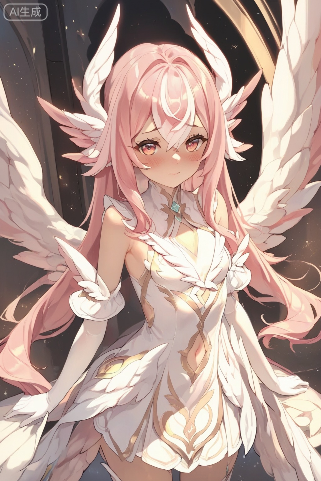 score_9,score_8_up,score_7_up,1girl,solo,long hair,breasts,looking at viewer,blush,gloves,dress,hair between eyes,pink hair,white hair,multicolored hair,small breasts,wings,sleeveless,elbow gloves,white gloves,white dress,clothing cutout,head wings,white wings