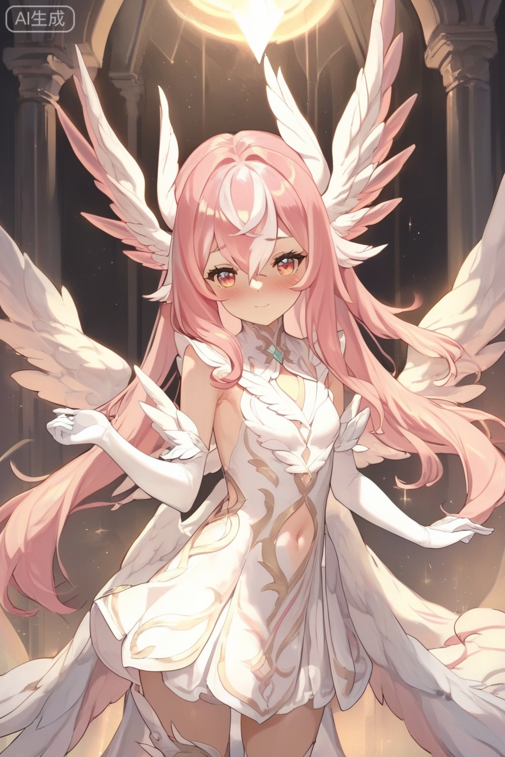 score_9,score_8_up,score_7_up,1girl,solo,long hair,breasts,looking at viewer,blush,gloves,dress,hair between eyes,pink hair,white hair,multicolored hair,small breasts,wings,sleeveless,elbow gloves,white gloves,white dress,clothing cutout,head wings,white wings