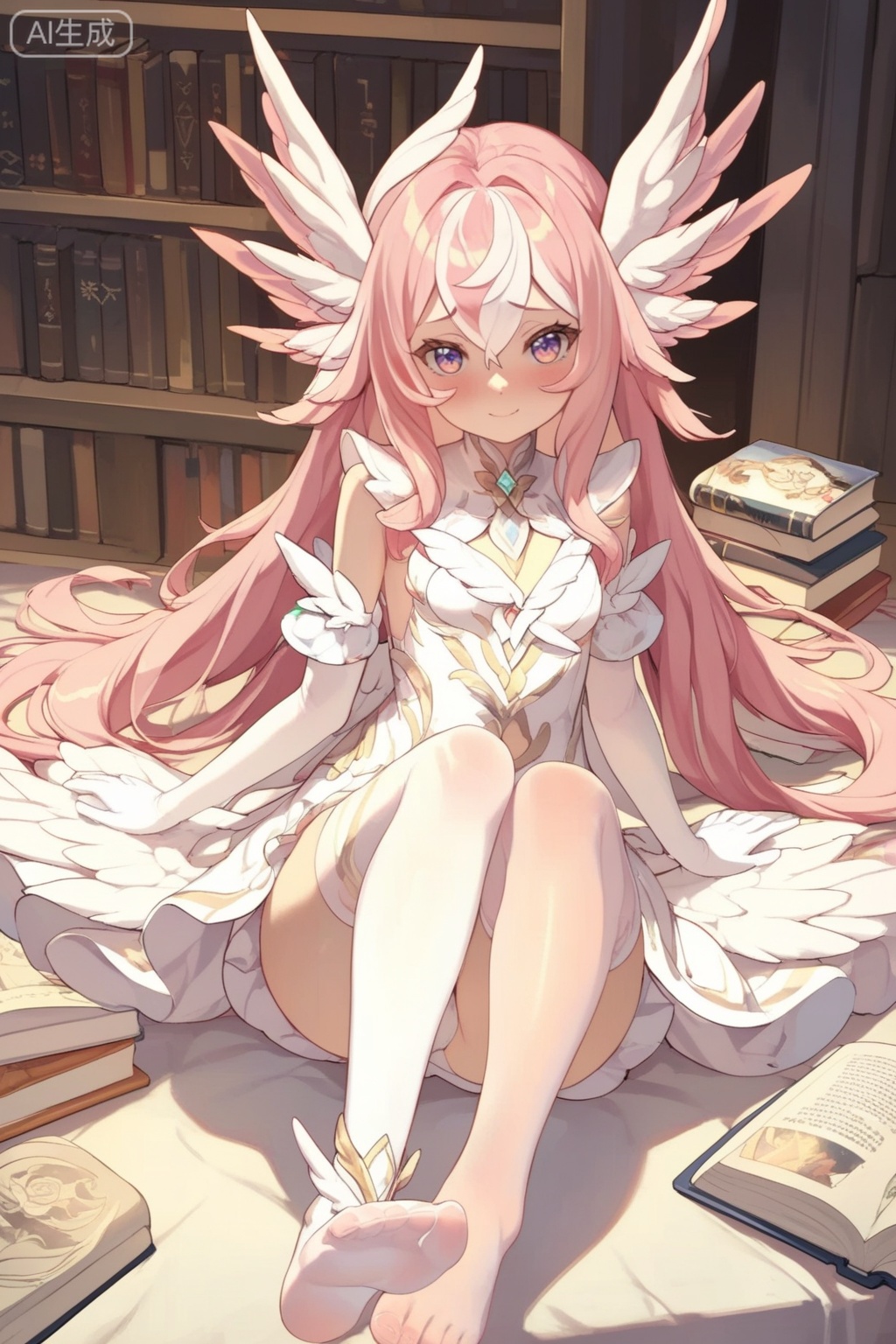 score_9,score_8_up,score_7_up,1girl,solo,long hair,breasts,looking at viewer,blush,gloves,dress,hair between eyes,pink hair,white hair,multicolored hair,small breasts,wings,sleeveless,elbow gloves,white gloves,white dress,clothing cutout,head wings,white wings,thighhighs,very long hair,book,feet,toes,soles,white footwear,book stack