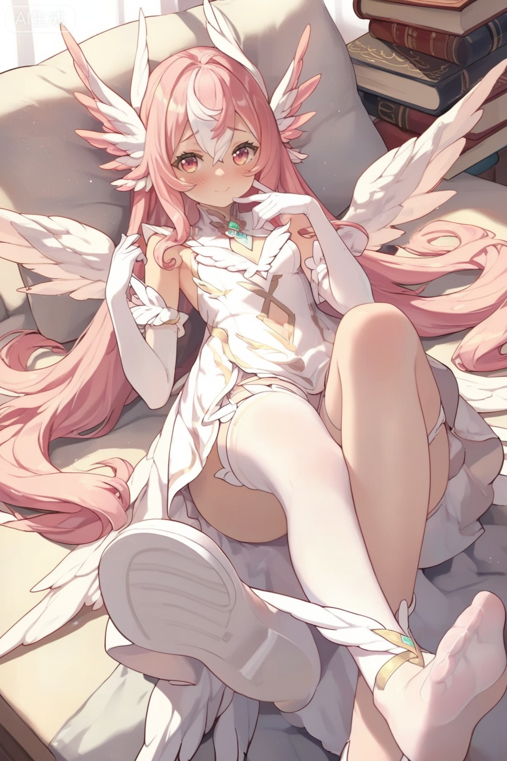 score_9,score_8_up,score_7_up,1girl,solo,long hair,breasts,looking at viewer,blush,gloves,dress,hair between eyes,pink hair,white hair,multicolored hair,small breasts,wings,sleeveless,elbow gloves,white gloves,white dress,clothing cutout,head wings,white wings,thighhighs,very long hair,book,feet focus,toes,soles,white footwear,book stack,single shoe,from below,(lying:1.3)