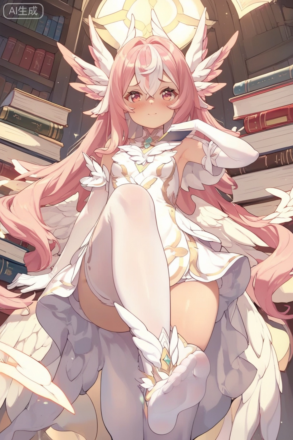 score_9,score_8_up,score_7_up,1girl,solo,long hair,breasts,looking at viewer,blush,gloves,dress,hair between eyes,pink hair,white hair,multicolored hair,small breasts,wings,sleeveless,elbow gloves,white gloves,white dress,clothing cutout,head wings,white wings,thighhighs,very long hair,book,feet focus,toes,soles,white footwear,book stack,single shoe,from below,lying