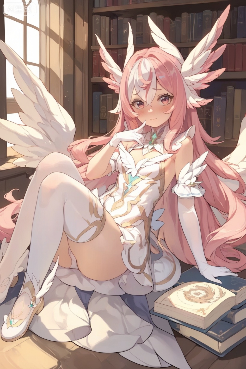 score_9,score_8_up,score_7_up,1girl,solo,long hair,breasts,looking at viewer,blush,gloves,dress,hair between eyes,pink hair,white hair,multicolored hair,small breasts,wings,sleeveless,elbow gloves,white gloves,white dress,clothing cutout,head wings,white wings,thighhighs,very long hair,book,feet,toes,soles,white footwear,book stack