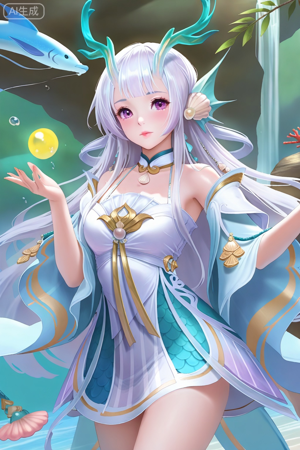best quality,amazing quality,1girl, solo, green antlers, white hair, lang hair, bangs, hair ornament, purple eyes, fin ears, choker, bare shoulders, short strap dress, wide sleeves, bare thighs, shell,pendant,西施,