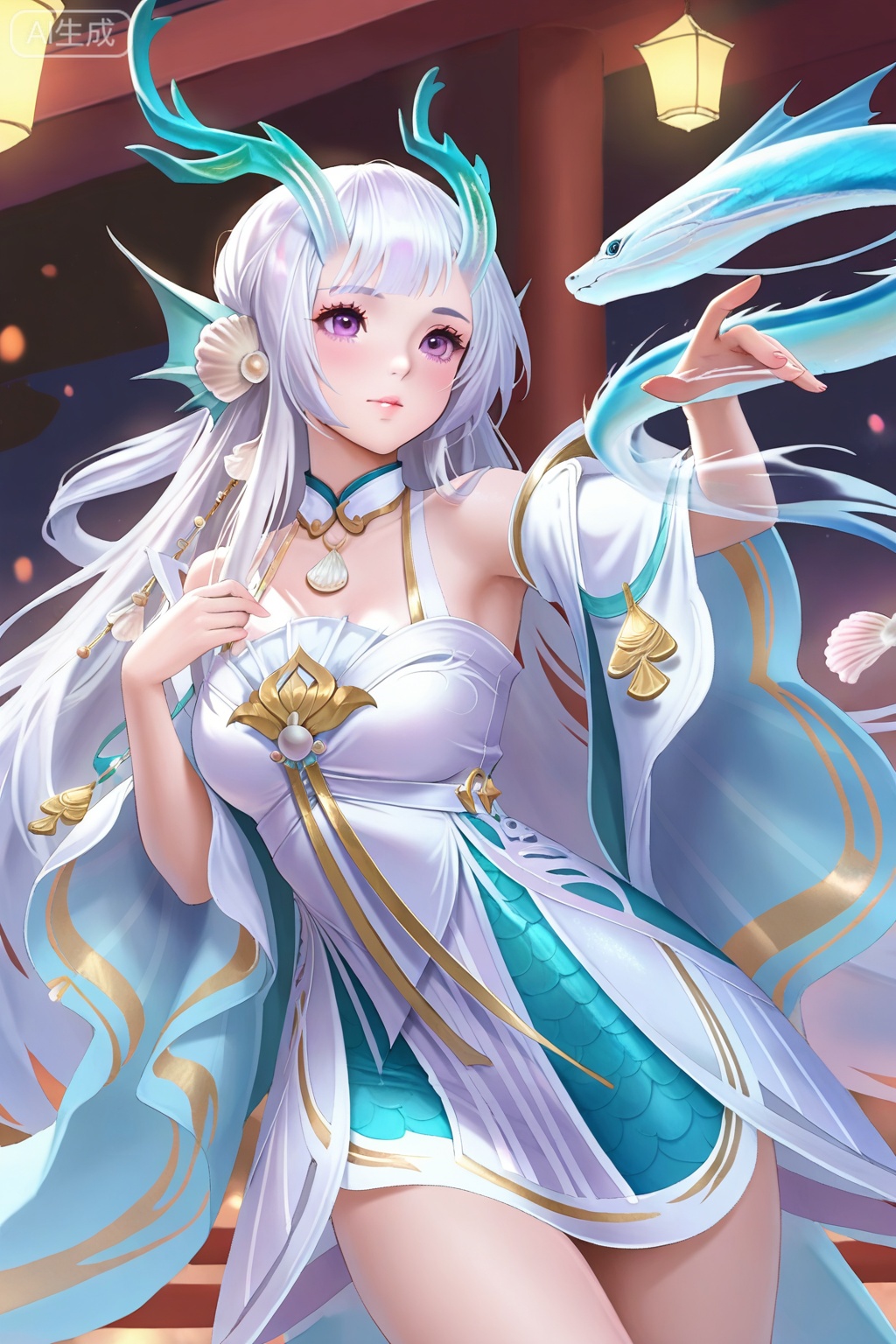 best quality,amazing quality,1girl, solo, green antlers, white hair, lang hair, bangs, hair ornament, purple eyes, fin ears, choker, bare shoulders, short strap dress, wide sleeves, bare thighs, shell,pendant,西施,