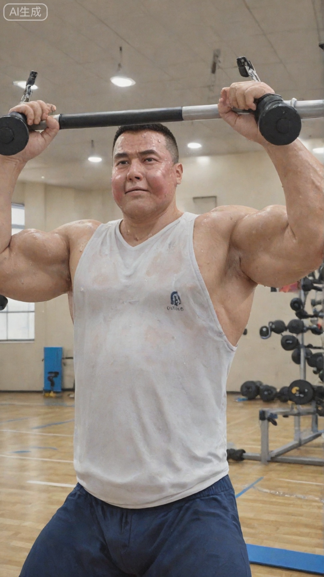 In a vibrant gym environment, a man is wearing a white vest and sweating profusely. His muscles tightened with each movement, and sweat slid down his cheeks. The lights spill through the huge windows, adding a touch of warmth. The background music is powerful and powerful, which inspires his fighting spirit. The entire scene is filled with the enthusiasm of movement and a tenacity, creating an inspiring atmosphere.
