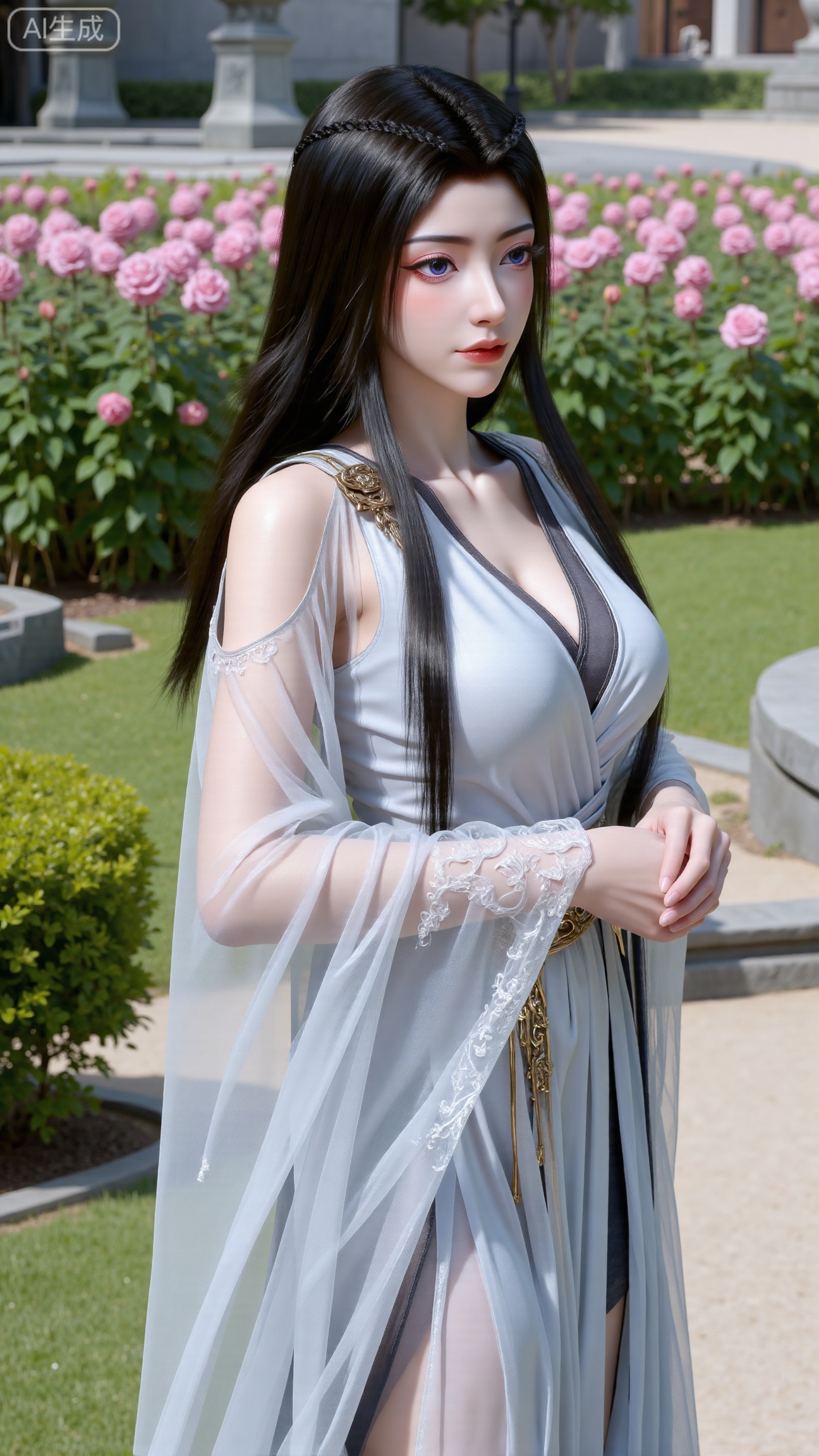 (masterpiece:1.2),best quality,,A woman adorned in traditional Chinese attire,( dress,black long hair),featuring a flowing robe with intricate embroidery and floral accents. A garden filled with pink roses and lush greenery. Soft pastel hues of white,blue,and green,creating a serene atmosphere. Photorealistic photography.,(huge breasts:2.99),(full breasts:2.99),,Xbigbreasts,XbaifengsongyuYH,XzhenniteH,XliuyuH,XfenghuangqipaoXF,XfenghuangqipaoXF,Xyuanyaohongqun,Xyuanyaomuyu,Xyuanyaoxizao,Xyuanyaohongyi