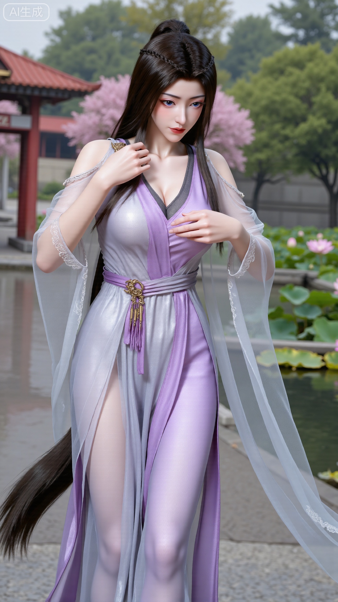  (masterpiece, best quality:1.2),1girl, navel, solo, midriff, bare shoulders, hair ornament,(long hair),(High double ponytail:1.19), red lips, BREAK, (looking at viewer:1.39), chinese clothes,(Holographic Color long dress:1.36), (lace,Rainbow Gradient Color:1.28), BREAK,blurry, solo focus, long hair, lips, daytime, lipstick, outdoors, standing,upper body,(huge breasts:2.89), background, solo, makeup,(Stockings, high heels:1.29),(huge breasts:2.99),(full breasts:2.99),,(Background with lotus pond and pink lotus flowers:1.39),,Xbigbreasts,XbaifengsongyuYH,XzhenniteH,XliuyuH,XfenghuangqipaoXF,XfenghuangqipaoXF,Xyuanyaohongqun,Xyuanyaomuyu,Xyuanyaoxizao,Xyuanyaohongyi