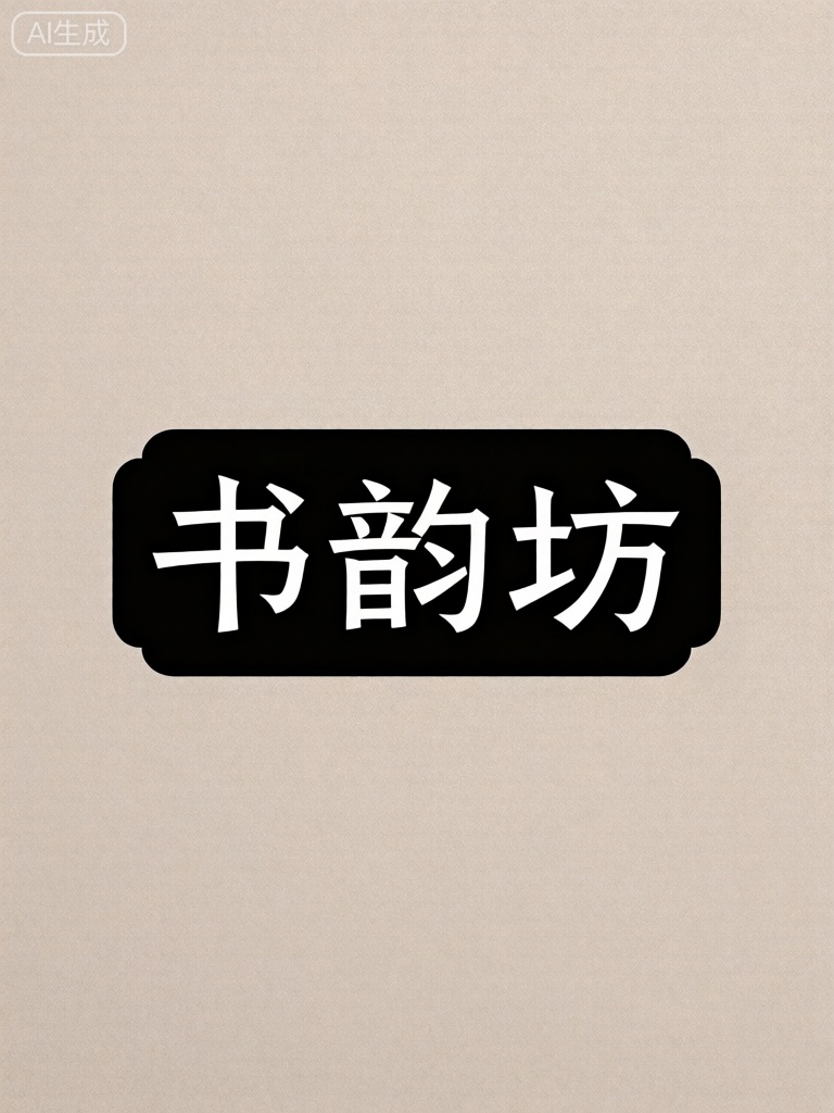 文字内容为“书韵坊”,字体为中式规整风格,笔画刚劲有力,结构平稳；字框为横向黑色长方形,上下边缘有向外的凸弧设计,字形方正大气,展现出沉稳厚重的质感。
