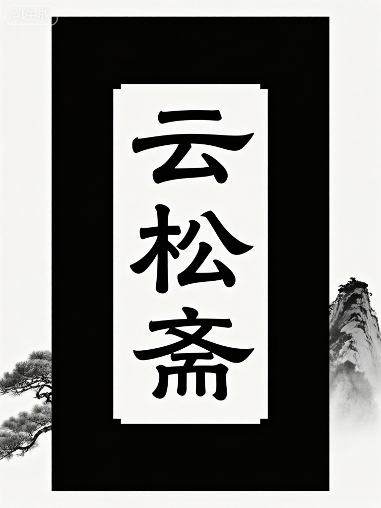 文字内容为“云松斋”,字体设计融合中式元素与水墨意境,笔画简洁；字框为横向黑色长方形,左侧有水墨松树、右侧有水墨山峦的辅助元素,营造出清幽雅致的古典氛围。