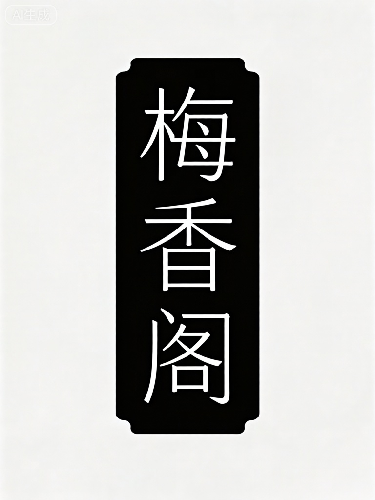 文字内容为“梅香阁”,字体为中式简约风格,笔画线条纤细,结构规整；字框为横向黑色长方形,上下边缘有对称的小凸块设计,字形简洁大方,透着素雅的古典韵味。