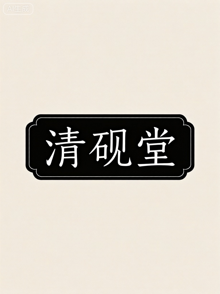 文字内容为“清砚堂”,字体属于中式典雅风格,笔画线条流畅,结构匀称；字框为横向黑色长方形,上下边缘有类似花瓣的弧形装饰,兼具规整与灵动,尽显古典雅致。