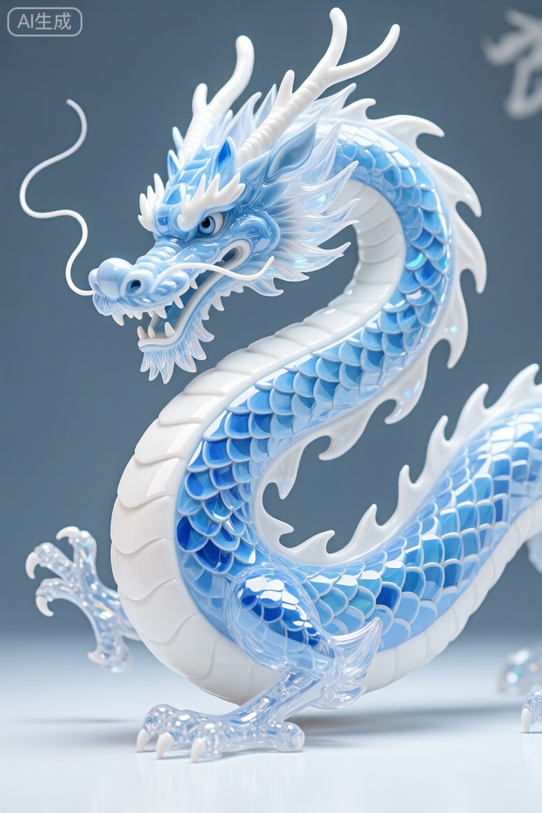  Transparent blue and white porcelain PVC skin, transparent blue and white porcelain colored skin scales, prisms, holography, color difference, fashion illustrations, masterpieces, Chinese dragon and Harajuku fashion, looking at the audience, 8k, super detailed, pixiv,版画艺术