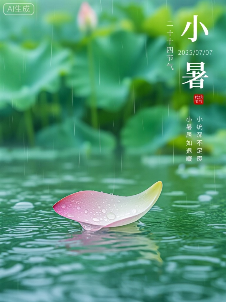 saessjq,画面背景描绘的是夏日细雨中的一片青绿色荷塘,荷叶田田,荷花或含苞待放,或已然盛开。前景是一朵漂浮在水面上、沾着晶莹雨滴的荷花花瓣。画面右侧文字为“二十四节气小暑2025/07/07 传统节气小暑不足畏,深居如退藏” ,与左侧的荷塘和花瓣相呼应,营造出小暑时节虽暑气渐盛却仍有清凉意的氛围,通过景深突出前景花瓣的娇艳与背景荷塘的清幽。