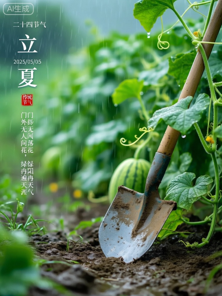 saessjq,画面背景展现的是细雨中的翠绿瓜田,藤蔓相互缠绕,叶片在雨中闪烁着光泽。前景是一个被雨水打湿的、带有泥土痕迹的小锄头靠在田边。画面左侧文字为“二十四节气立夏2025/05/05 传统节气门外无人问落花,绿阴冉冉遍天涯”,与右侧的瓜田和锄头构成和谐的视觉画面,营造出立夏时节农事初起的氛围,景深效果让前景锄头清晰可辨,背景瓜田富有纵深感。