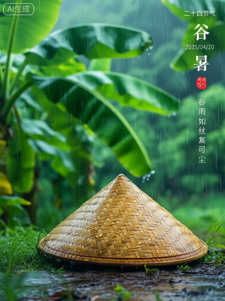 saessjq,画面背景是雨中葱郁的绿色芭蕉林,宽大的芭蕉叶在雨幕中摇曳生姿。前景是一个放置在地上的、还带着雨滴的竹编斗笠。画面右侧竖向排列文字“二十四节气谷雨2025/04/20 传统节气谷雨如丝复似尘” ,与左侧的斗笠和芭蕉林形成视觉平衡,营造出谷雨时节湿润且充满生机的氛围,景深突出前景斗笠的质朴纹理与背景芭蕉林的朦胧葱茏。