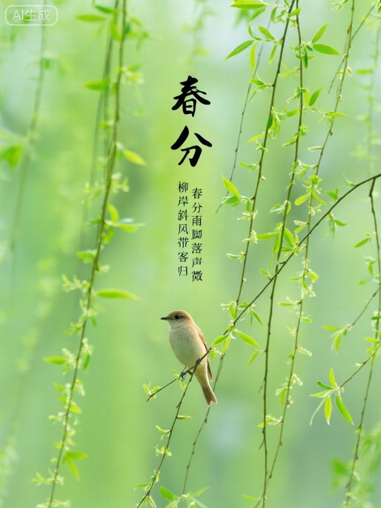 saessjq,背景是清新的嫩绿色调,似冒芽的柳林。一只浅褐色燕子停在柳枝上,上方有黑色文字“春分”,下方配有“春分雨脚落声微,柳岸斜风带客归” 的文字,文字与燕子、柳林结合,营造出春分时节的生机,排版简洁。