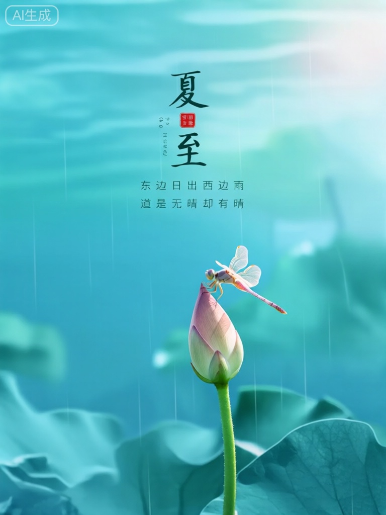 saessjq,背景是澄澈的青蓝色调,似映日的荷塘。一只粉白色蜻蜓立在荷花苞上,上方有黑色文字“夏至”,下方配有“东边日出西边雨,道是无晴却有晴” 的文字,文字与蜻蜓、荷塘结合,营造出夏至暑雨的灵动,排版简洁。