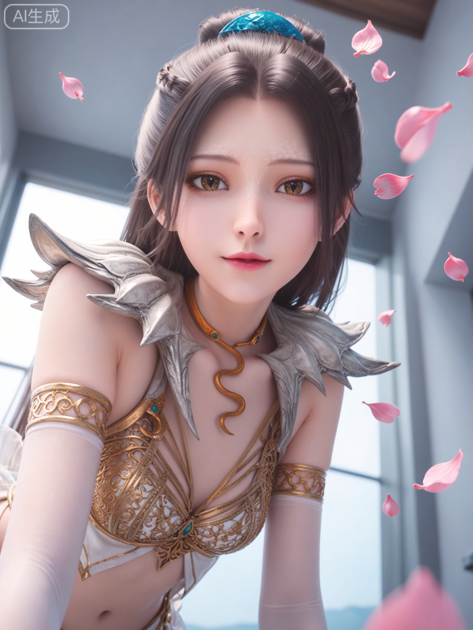 score_9,score_8_up,score_7_up,realistic,photorealistic,1girl,solo,(looking_at_viewer:1.3),realistic,1girl,Vivid Colors,bright environment,delicate water,hair_ornament,shiny skin,shiny hair,reflection,flower sea,falling petals,extreme detail description,(upper body:1),black hair,(skindentation:1.3),bright,sunshine on face,light,reflection,leg slimming,lose weight,slim hips,gloves,elbow gloves,white gloves,bright_pupils,brown eyes,stand,for above,(standing,from below:1.3),armlet,