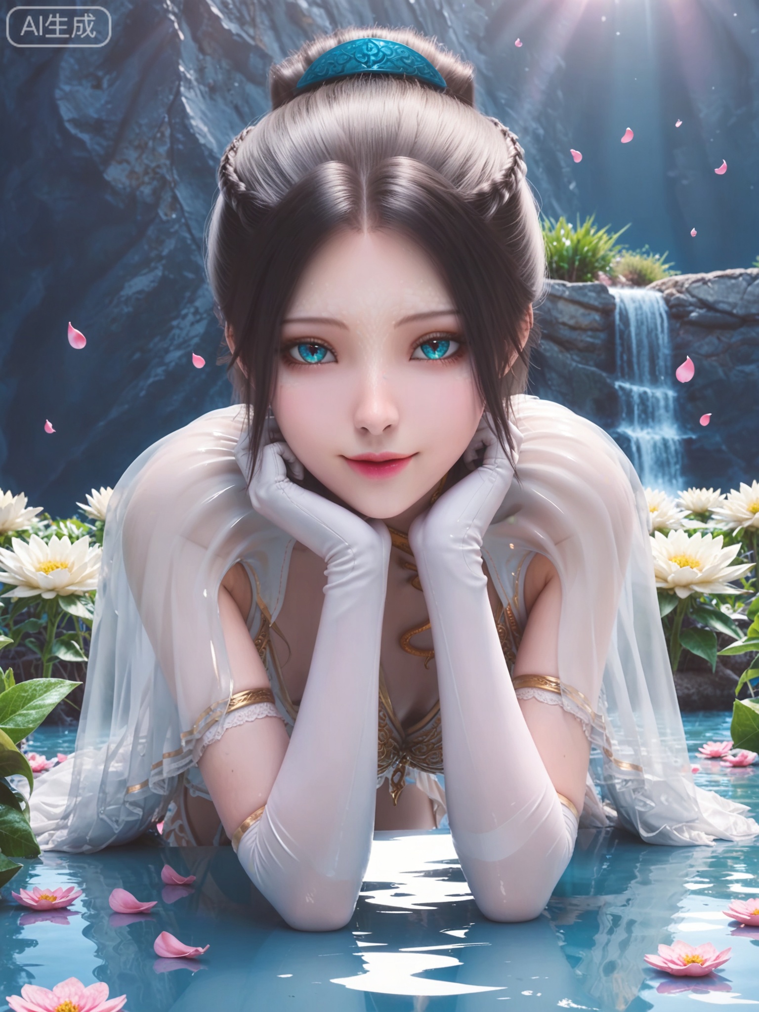 score_9,score_8_up,score_7_up,realistic,photorealistic,1girl,solo,(looking_at_viewer:1.3),realistic,1girl,Vivid Colors,bright environment,delicate water,hair_ornament,shiny skin,shiny hair,reflection,flower sea,falling petals,extreme detail description,(full body:0.3),black hair,(skindentation:1.3),bright,sunshine on face,light,sitting_down,reflection,leg slimming,lose weight,slim hips,gloves,elbow gloves,white gloves,bright_pupils,