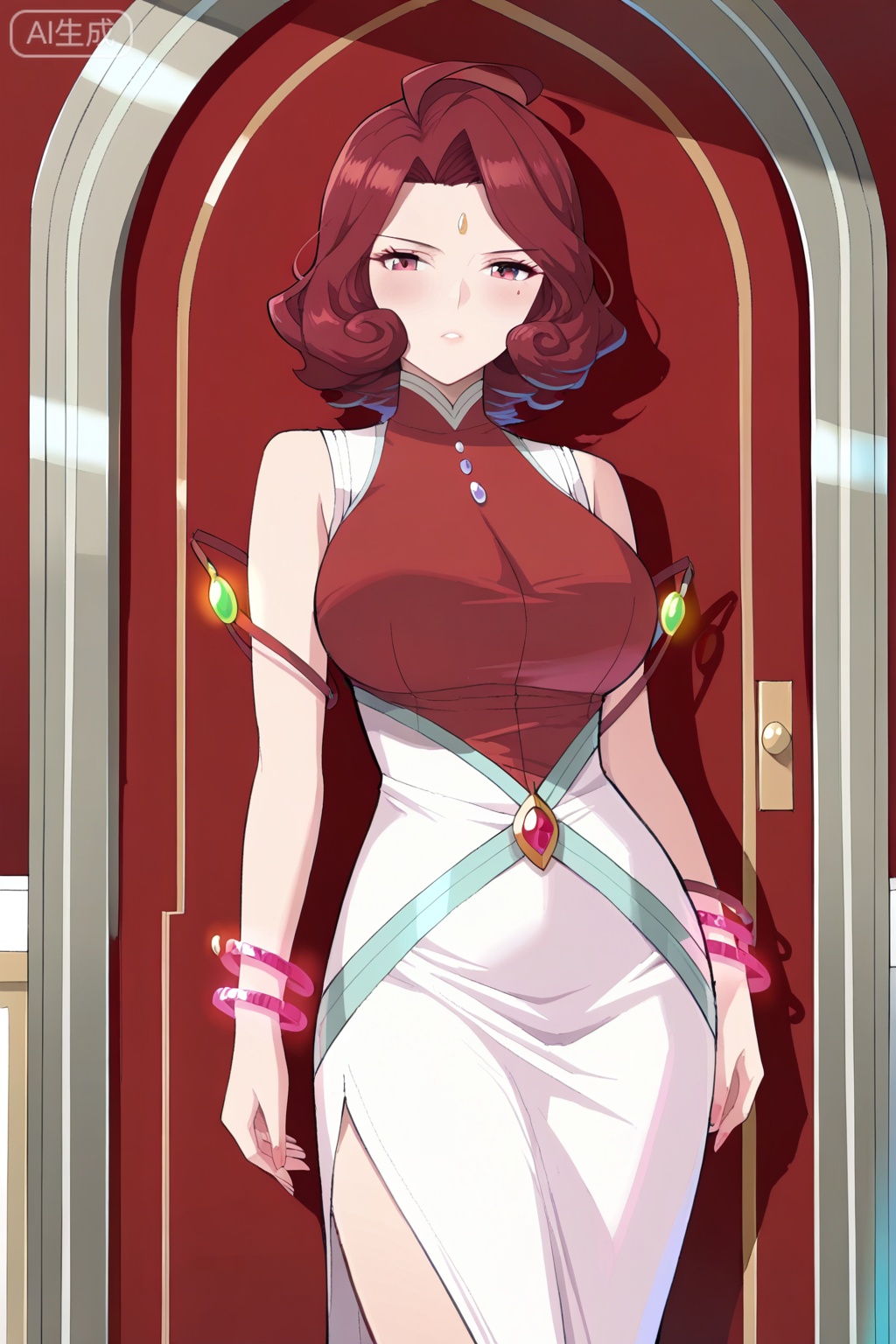 best quality,amazing quality,1girl, solo, mature female, red hair, short hair, wavy hair, curled hair, ahoge, red eyes, mark under eyered and white dress, high slit dress, sleeveless, gemstone accessory,  elegant dress, 



 futuristic jewelry, glowing bracelets, asymmetrical skirt,玄衣,