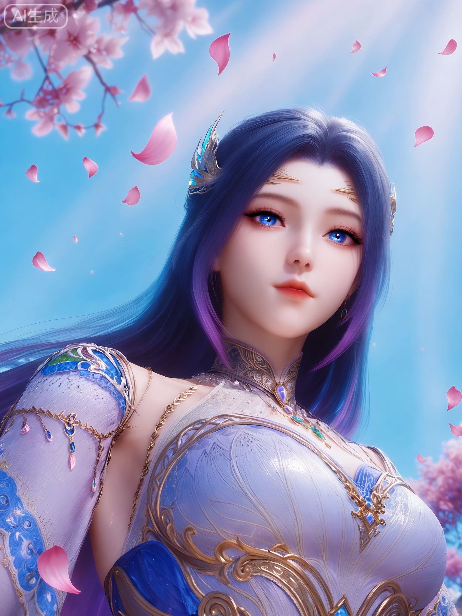 score_9,score_8_up,score_7_up,realistic,photorealistic,1girl,solo,(looking_at_viewer:1.3),realistic,1girl,Vivid Colors,bright environment,delicate water,hair_ornament,shiny skin,shiny hair,reflection,flower sea,falling petals,extreme detail description,(upper body:1),black hair,(skindentation:1.3),bright,sunshine on face,light,reflection,leg slimming,lose weight,slim hips,gloves,elbow gloves,white gloves,bright_pupils,stand,for above,(standing,from below:1.3),armlet,