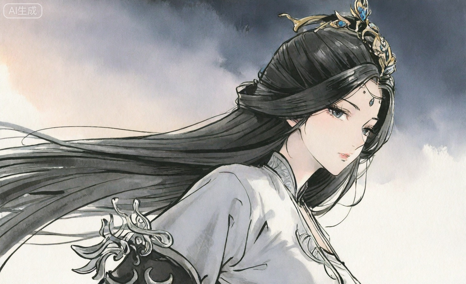 ((very awa)),(solo),highly detailed,(best quality),((masterpiece)),1girl,shouhui,chi,,watercolor \(medium\),looking_at_viewer,large breasts,lineart,flat color,ge,,simple background,mature_female,,black hair,long hair,hair ornament,dress,upper body,