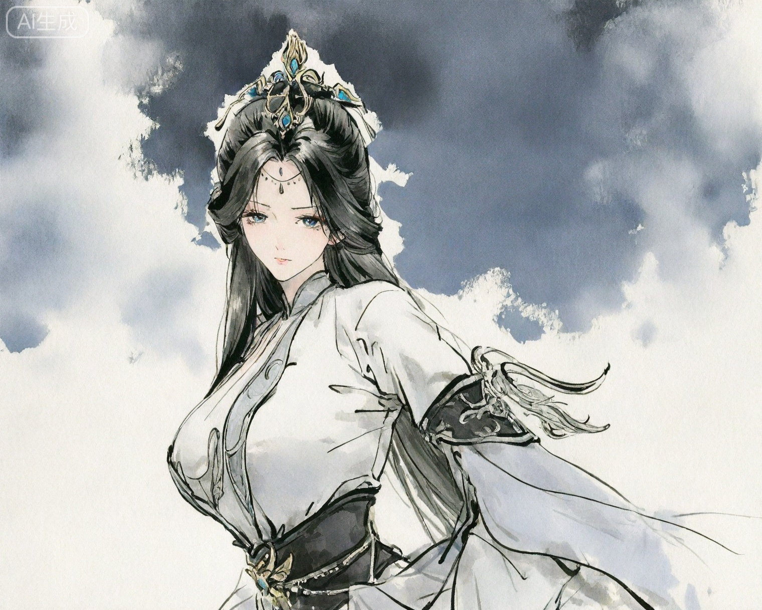 ((very awa)),(solo),highly detailed,(best quality),((masterpiece)),1girl,shouhui,chi,,watercolor \(medium\),looking_at_viewer,large breasts,lineart,flat color,ge,,simple background,mature_female,,black hair,long hair,hair ornament,dress,upper body,