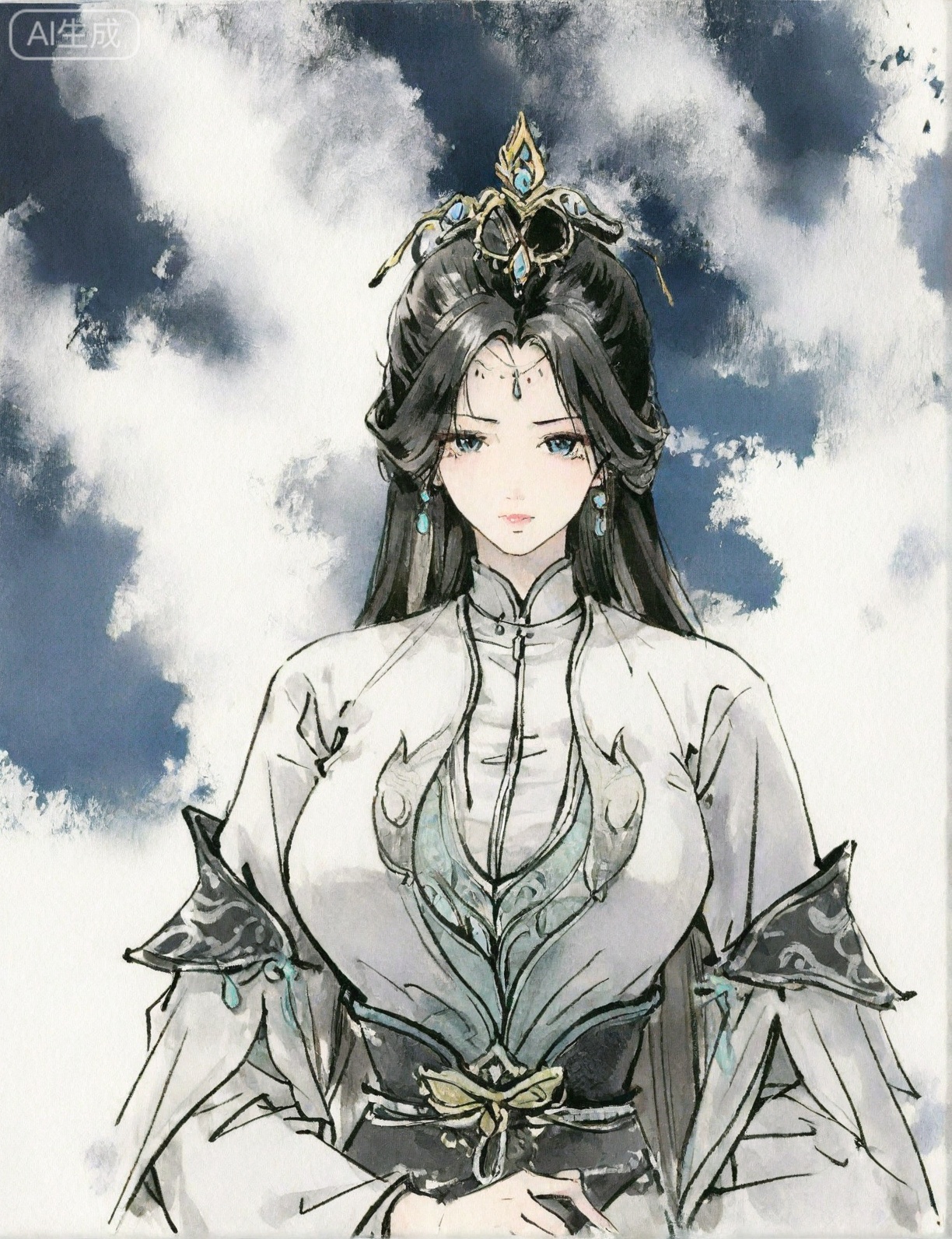 ((very awa)),(solo),highly detailed,(best quality),((masterpiece)),1girl,shouhui,chi,,watercolor \(medium\),looking_at_viewer,large breasts,lineart,flat color,ge,,simple background,mature_female,,black hair,long hair,hair ornament,dress,upper body,