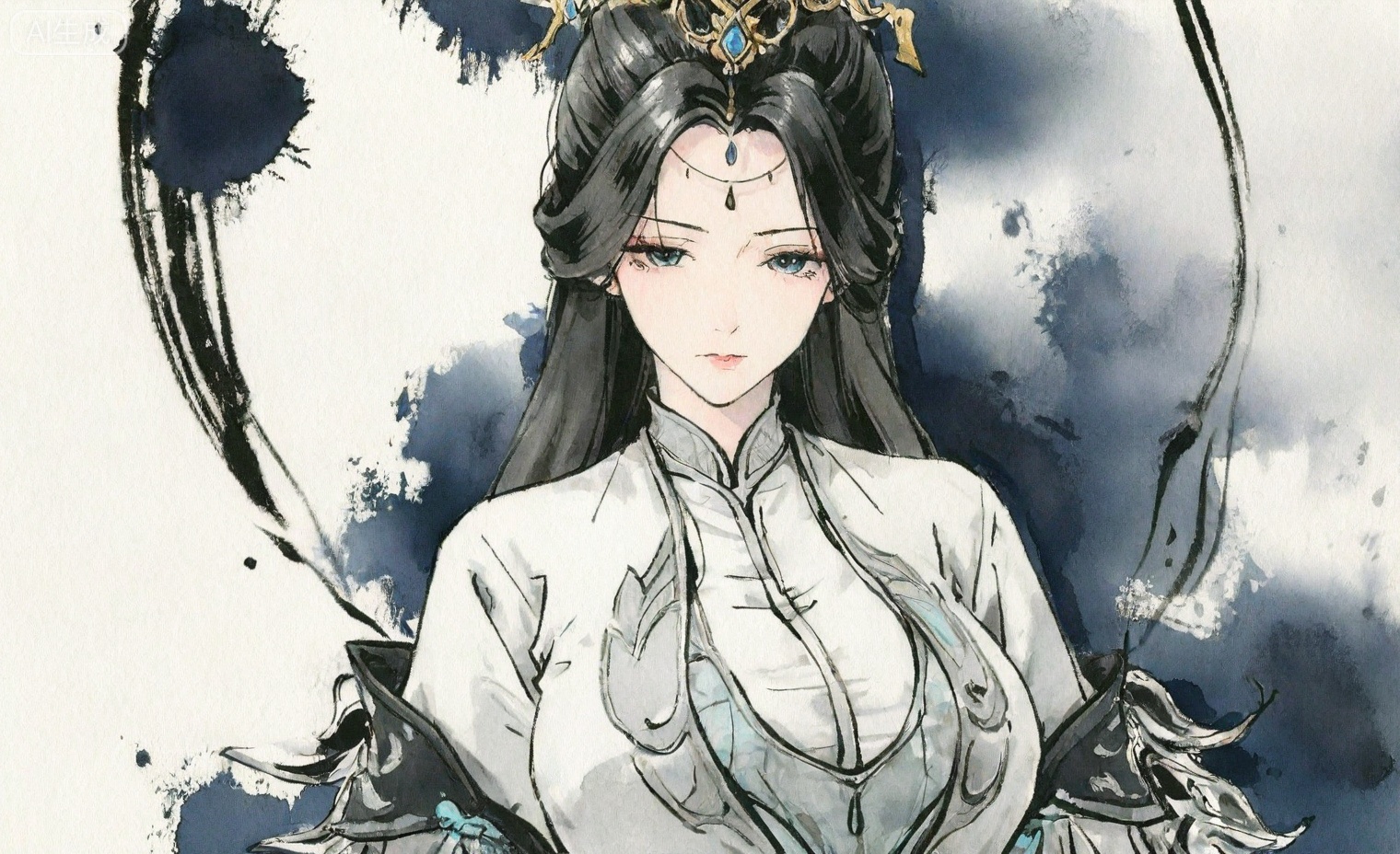 ((very awa)),(solo),highly detailed,(best quality),((masterpiece)),1girl,shouhui,chi,,watercolor \(medium\),looking_at_viewer,large breasts,lineart,flat color,ge,,simple background,mature_female,,black hair,long hair,hair ornament,dress,upper body,
