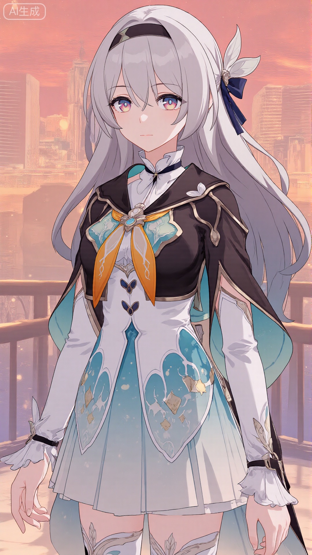 1girl, thighhighs, looking at viewer, bangs, long hair, purple eyes, headband, dress, long sleeves, mischevious smile, perfect body, scenery, sharp focus, best quality, masterpiece, detailed outfit, illustration, perfect eyes, finely detailed beautiful anime eyes, realistic skin, intricate details, best lighting, depth of field, ultra high resolution,cowboy_shot