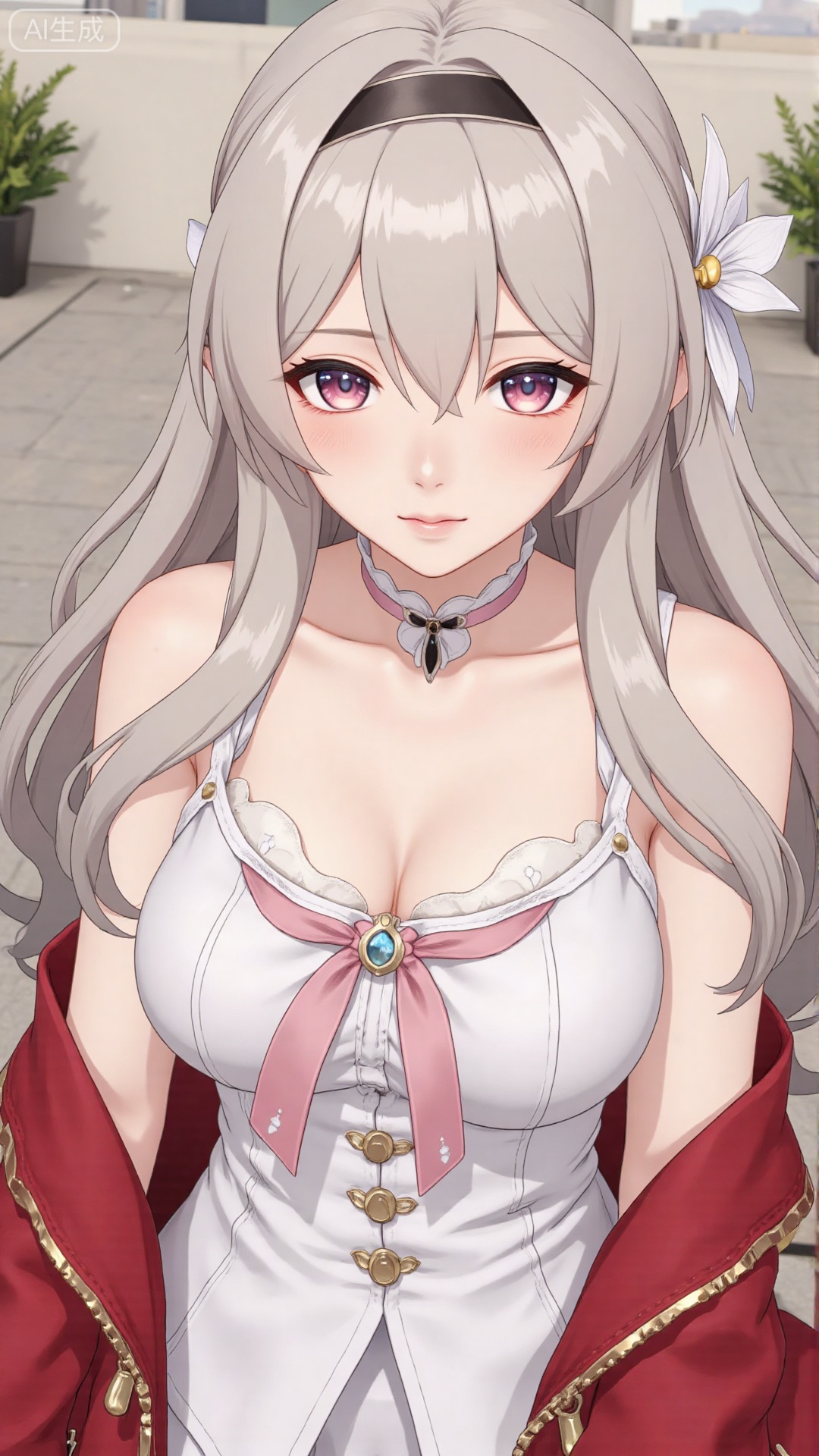 1girl,solo,jewelry,flower,hair flower,hair ornament,necklace,realistic,brown eyes,looking at viewer,dress,blurry background,twin braids,blurry,white dress,long hair,upper body,breasts,pink bow,red jacket,bare shoulders,lips,collarbone,outdoors,cleavage,large natural breast,soft breasts,huge Breasts