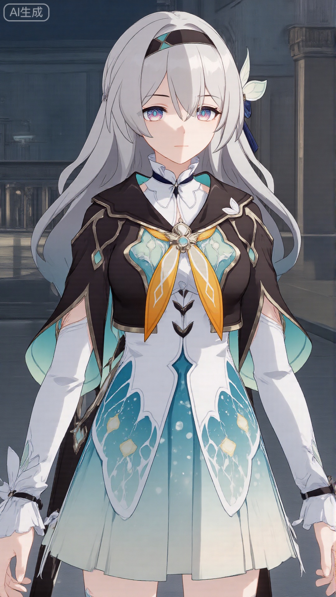 1girl, thighhighs, looking at viewer, bangs, long hair, purple eyes, headband, dress, long sleeves, mischevious smile, perfect body, scenery, sharp focus, best quality, masterpiece, detailed outfit, illustration, perfect eyes, finely detailed beautiful anime eyes, realistic skin, intricate details, best lighting, depth of field, ultra high resolution,cowboy_shot
