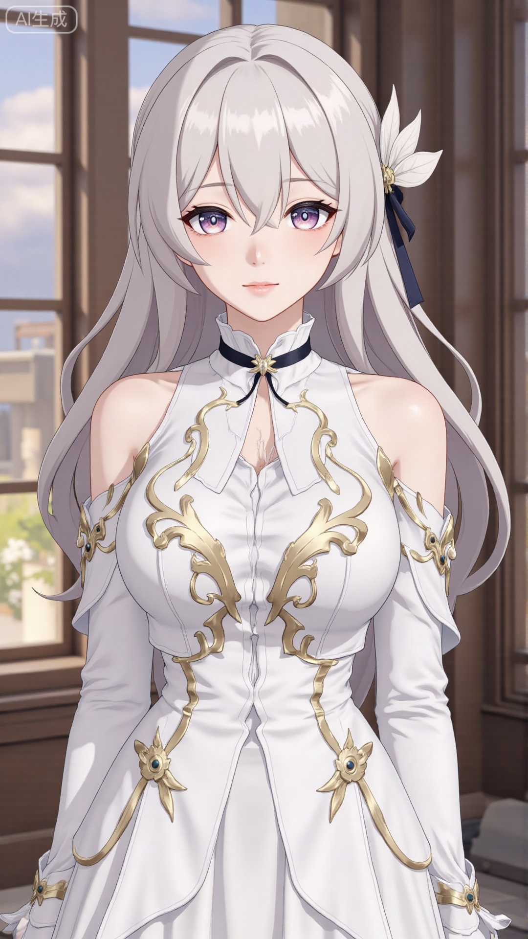 1girl, white wedding dress,looking at viewer, mischevious smile, perfect body, scenery, sharp focus, best quality, masterpiece, detailed outfit, illustration, perfect eyes, finely detailed beautiful anime eyes, realistic skin, intricate details, best lighting, depth of field, ultra high resolution, cowboy_shot, bride