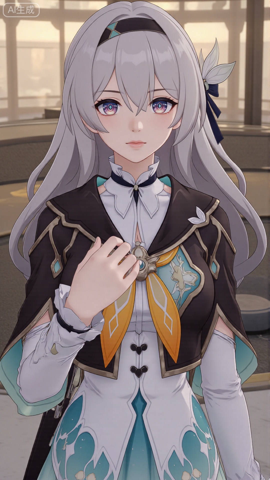 1girl, thighhighs, looking at viewer, bangs, long hair, purple eyes, headband, dress, long sleeves, mischevious smile, perfect body, scenery, sharp focus, best quality, masterpiece, detailed outfit, illustration, perfect eyes, finely detailed beautiful anime eyes, realistic skin, intricate details, best lighting, depth of field, ultra high resolution,cowboy_shot
