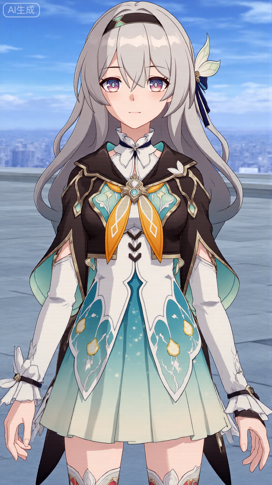 1girl, thighhighs, looking at viewer, bangs, long hair, purple eyes, headband, dress, long sleeves, mischevious smile, perfect body, scenery, sharp focus, best quality, masterpiece, detailed outfit, illustration, perfect eyes, finely detailed beautiful anime eyes, realistic skin, intricate details, best lighting, depth of field, ultra high resolution,cowboy_shot
