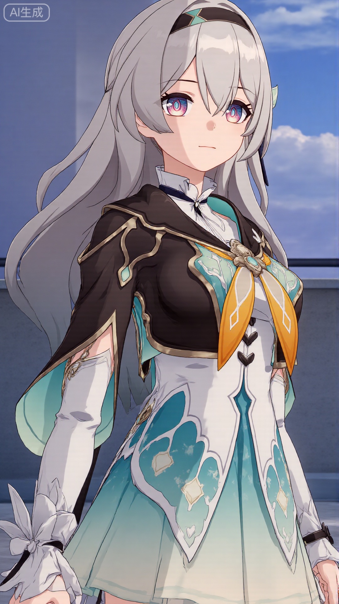 1girl, thighhighs, looking at viewer, bangs, long hair, purple eyes, headband, dress, long sleeves, mischevious smile, perfect body, scenery, sharp focus, best quality, masterpiece, detailed outfit, illustration, perfect eyes, finely detailed beautiful anime eyes, realistic skin, intricate details, best lighting, depth of field, ultra high resolution,cowboy_shot