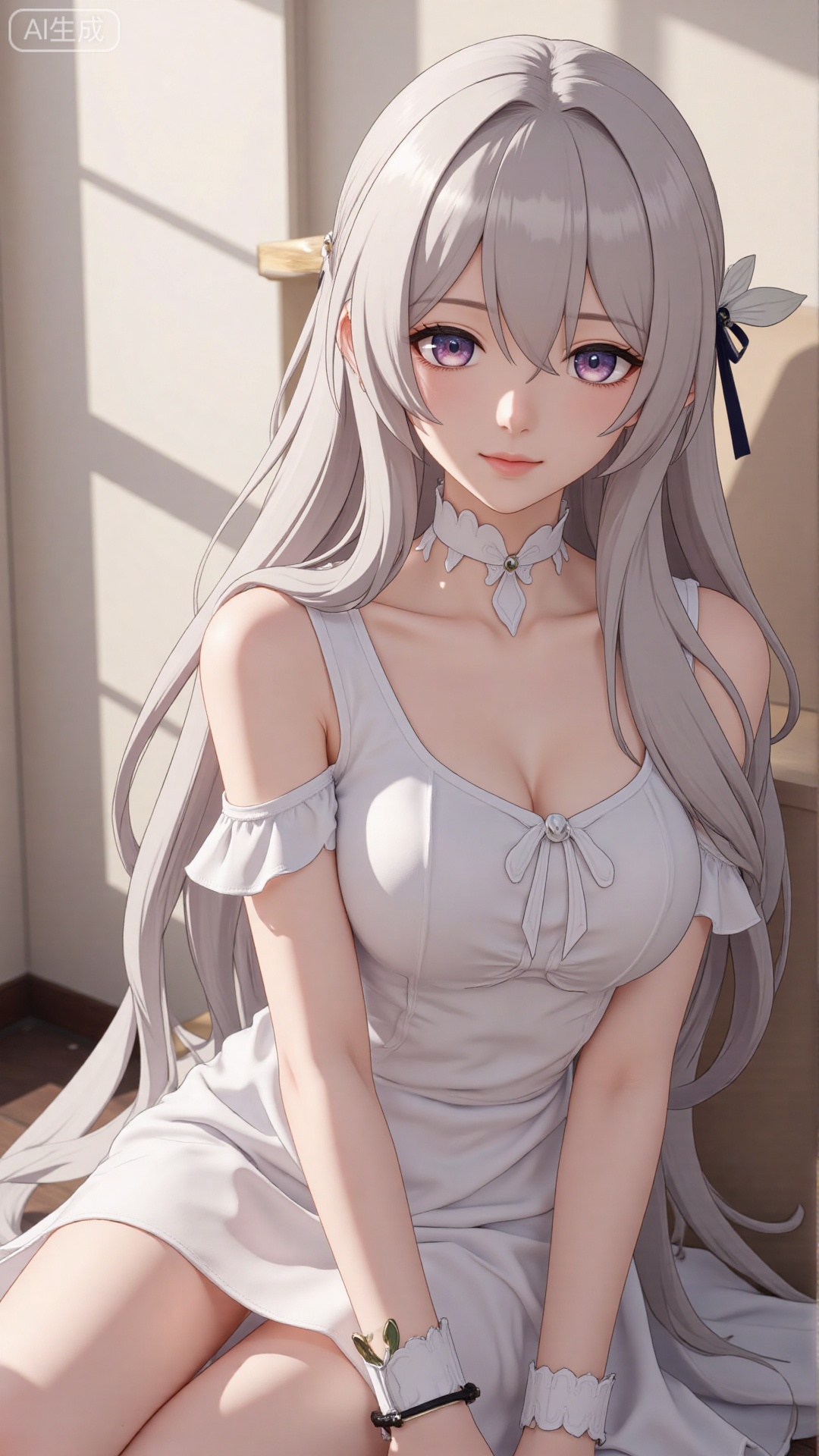 1girl, solo, long hair, breasts, looking at viewer, smile, bangs, dress, bare shoulders, jewelry, sitting, very long hair, closed mouth, white dress, bracelet, Light, shadow
,best quality,depth of field,cinematic lighting,light particles,impactful picture,offcial art,movie perspective,high quality,extremely detailed,High Detail,(Tyndall Effect 1.4),cover art,extreme aesthetic,masterpiece,best quality,good quality,newest,Visual impact,32K UHD,sharp focus