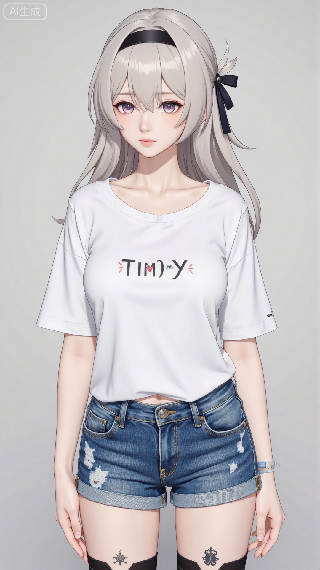 White t-shirt with ”Tim_Yi“ written on it, jeans shorts,1girl
