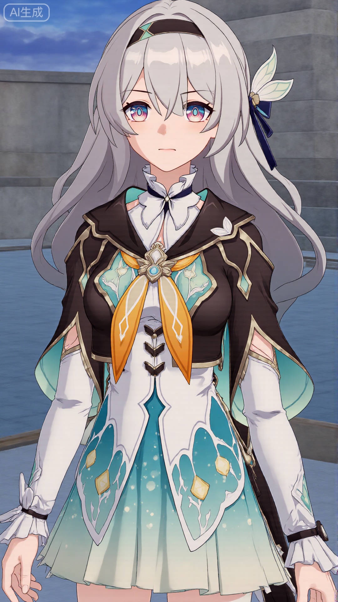 1girl, thighhighs, looking at viewer, bangs, long hair, purple eyes, headband, dress, long sleeves, mischevious smile, perfect body, scenery, sharp focus, best quality, masterpiece, detailed outfit, illustration, perfect eyes, finely detailed beautiful anime eyes, realistic skin, intricate details, best lighting, depth of field, ultra high resolution,cowboy_shot