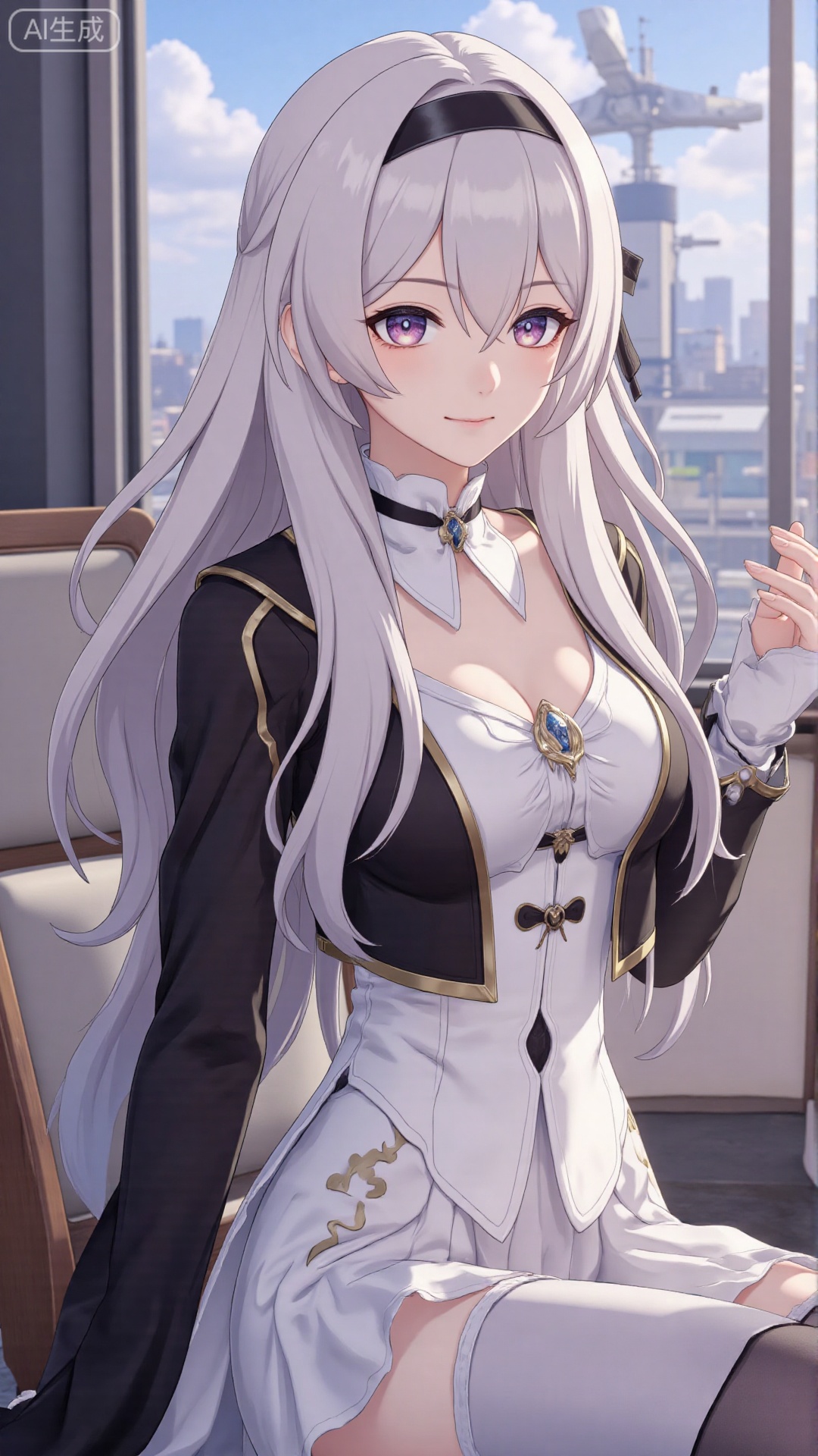 1girl, thighhighs, looking at viewer, bangs, long hair, purple eyes, headband, dress, long sleeves, mischevious smile, perfect body, scenery, sharp focus, best quality, masterpiece, detailed outfit, illustration, perfect eyes, finely detailed beautiful anime eyes, realistic skin, intricate details, best lighting, depth of field, ultra high resolution,sitting