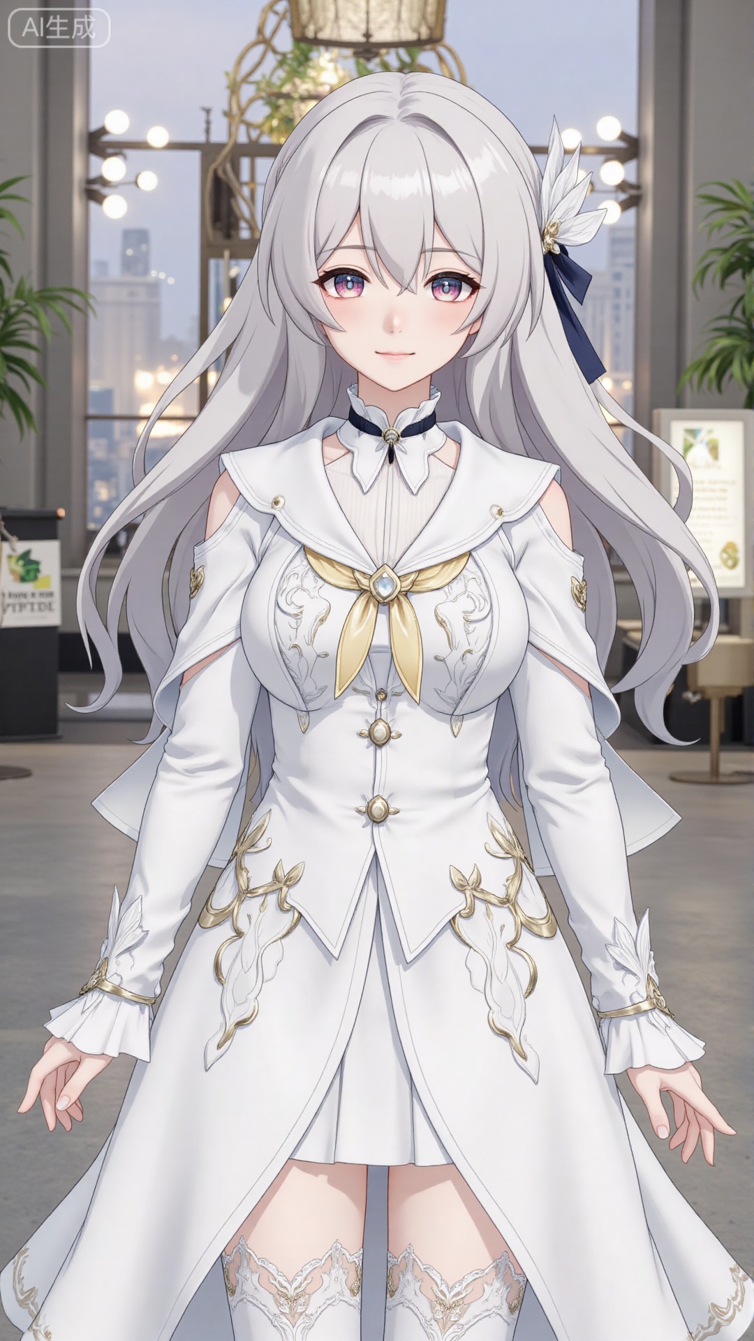1girl, white wedding dress,looking at viewer, mischevious smile, perfect body, scenery, sharp focus, best quality, masterpiece, detailed outfit, illustration, perfect eyes, finely detailed beautiful anime eyes, realistic skin, intricate details, best lighting, depth of field, ultra high resolution, cowboy_shot, bride